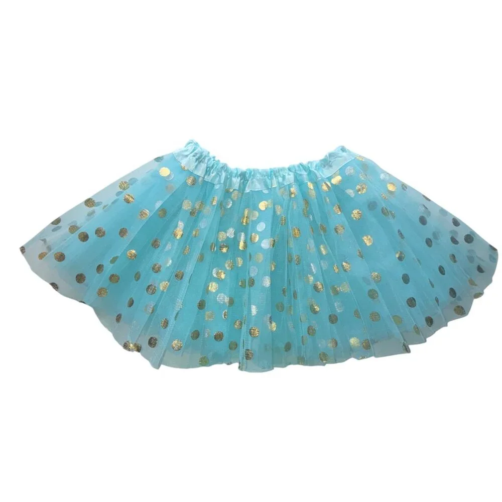 Girls Tutu Skirt Gold Polka Dots Elastic Waist Aqua Blue L 10/12